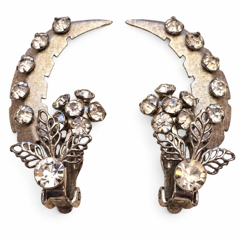 Vintage Rhinestone Crescent Ear Climber Clip On Earrings Silver Tone Floral